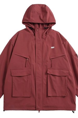 Unisex Japanese-Style Hooded Windbreaker Jacket, Multi-Pocket Waterproof Workwear for Spring & Autumn, Casual City Boy Fashion