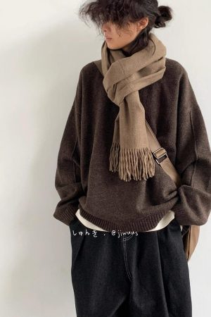 Unisex Japanese-Style Loose-Fitting Coffee Color Sweater for Autumn & Winter, College Style Knit Top for Couples