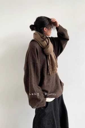 Unisex Japanese-Style Loose-Fitting Coffee Color Sweater for Autumn & Winter, College Style Knit Top for Couples