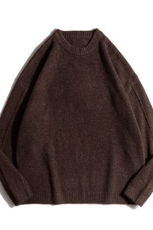 Unisex Japanese-Style Loose-Fitting Coffee Color Sweater for Autumn & Winter, College Style Knit Top for Couples