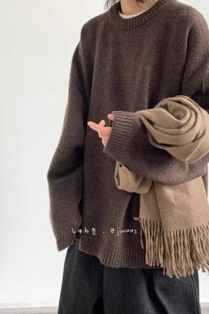 Unisex Japanese-Style Loose-Fitting Coffee Color Sweater for Autumn & Winter, College Style Knit Top for Couples