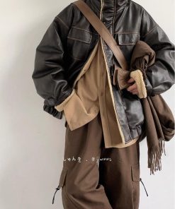 Unisex Japanese-Style Melton Lamb Wool Leather Jacket - Vintage Loose Thick Coat for Winter Fashion