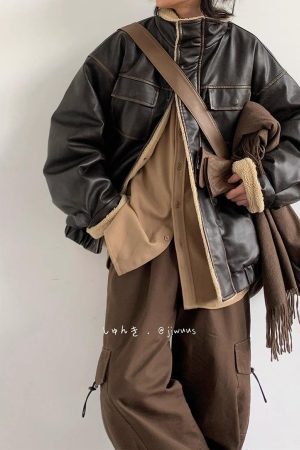 Unisex Japanese-Style Melton Lamb Wool Leather Jacket - Vintage Loose Thick Coat for Winter Fashion