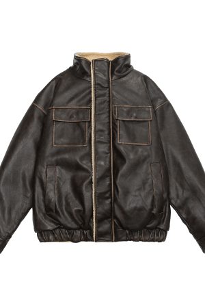 Unisex Japanese-Style Melton Lamb Wool Leather Jacket - Vintage Loose Thick Coat for Winter Fashion