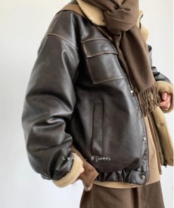 Unisex Japanese-Style Melton Lamb Wool Leather Jacket - Vintage Loose Thick Coat for Winter Fashion