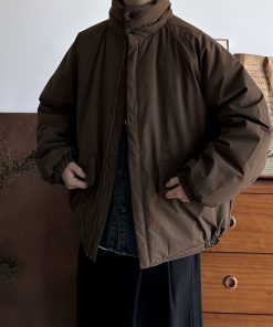 Unisex Japanese-Style Retro Cotton Jacket, Thickened Workwear Coat for Winter, Loose Stand Collar, Casual Vintage Fashion.