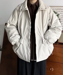 Unisex Japanese-Style Retro Cotton Jacket, Thickened Workwear Coat for Winter, Loose Stand Collar, Casual Vintage Fashion.