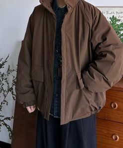 Unisex Japanese-Style Retro Cotton Jacket, Thickened Workwear Coat for Winter, Loose Stand Collar, Casual Vintage Fashion.