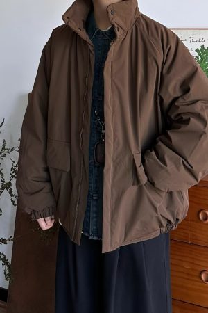 Unisex Japanese-Style Retro Cotton Jacket, Thickened Workwear Coat for Winter, Loose Stand Collar, Casual Vintage Fashion.