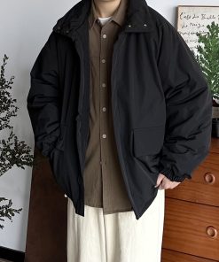 Unisex Japanese-Style Retro Cotton Jacket, Thickened Workwear Coat for Winter, Loose Stand Collar, Casual Vintage Fashion.