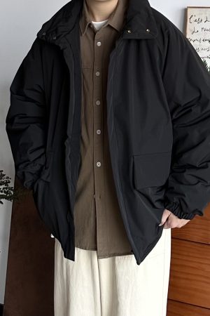 Unisex Japanese-Style Retro Cotton Jacket, Thickened Workwear Coat for Winter, Loose Stand Collar, Casual Vintage Fashion.