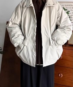 Unisex Japanese-Style Retro Cotton Jacket, Thickened Workwear Coat for Winter, Loose Stand Collar, Casual Vintage Fashion.