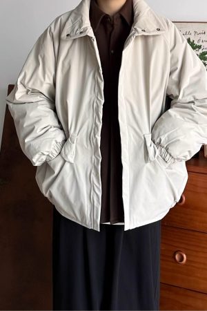 Unisex Japanese-Style Retro Cotton Jacket, Thickened Workwear Coat for Winter, Loose Stand Collar, Casual Vintage Fashion.