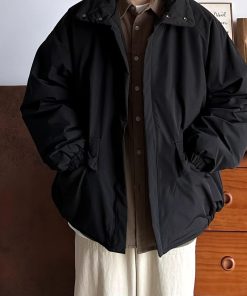 Unisex Japanese-Style Retro Cotton Jacket, Thickened Workwear Coat for Winter, Loose Stand Collar, Casual Vintage Fashion.