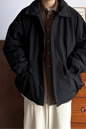 Unisex Japanese-Style Retro Cotton Jacket, Thickened Workwear Coat for Winter, Loose Stand Collar, Casual Vintage Fashion.