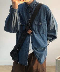 Unisex Japanese-Style Retro Denim Shirt Jacket - Casual Long Sleeve Loose Workwear for Spring & Autumn Fashion