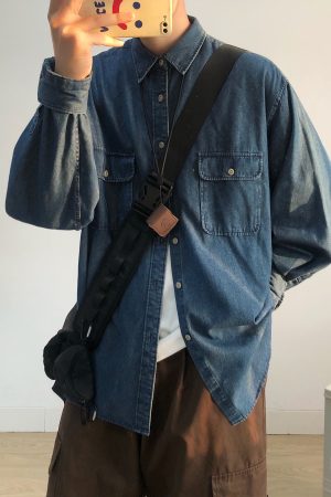 Unisex Japanese-Style Retro Denim Shirt Jacket - Casual Long Sleeve Loose Workwear for Spring & Autumn Fashion