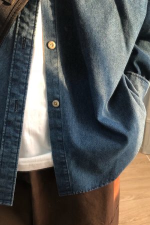 Unisex Japanese-Style Retro Denim Shirt Jacket - Casual Long Sleeve Loose Workwear for Spring & Autumn Fashion