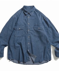 Unisex Japanese-Style Retro Double-Pocket Denim Shirt Jacket - Loose-Fitting Long Sleeve Casual for Spring and Autumn