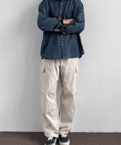 Unisex Japanese-Style Retro Double-Pocket Denim Shirt Jacket - Loose-Fitting Long Sleeve Casual for Spring and Autumn