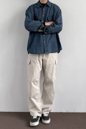 Unisex Japanese-Style Retro Double-Pocket Denim Shirt Jacket - Loose-Fitting Long Sleeve Casual for Spring and Autumn