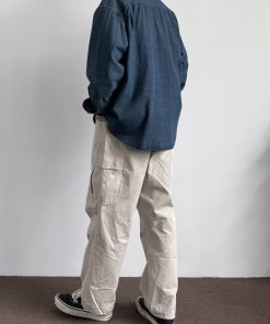 Unisex Japanese-Style Retro Double-Pocket Denim Shirt Jacket - Loose-Fitting Long Sleeve Casual for Spring and Autumn