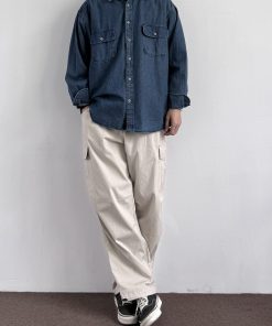 Unisex Japanese-Style Retro Double-Pocket Denim Shirt Jacket - Loose-Fitting Long Sleeve Casual for Spring and Autumn