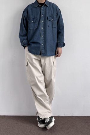 Unisex Japanese-Style Retro Double-Pocket Denim Shirt Jacket - Loose-Fitting Long Sleeve Casual for Spring and Autumn