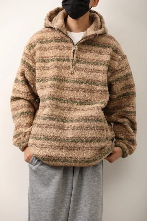 Unisex Japanese-Style Retro Gradient Woolen Hoodie - Loose Half-Zip Casual Jacket for Autumn Winter