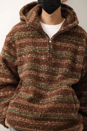 Unisex Japanese-Style Retro Gradient Woolen Hoodie - Loose Half-Zip Casual Jacket for Autumn Winter