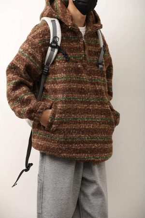 Unisex Japanese-Style Retro Gradient Woolen Hoodie - Loose Half-Zip Casual Jacket for Autumn Winter
