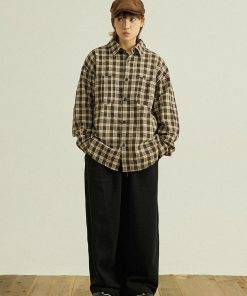 Unisex Japanese-Style Retro Plaid Long Sleeve Shirt - Loose-Fitting Checkered Jacket for Spring & Autumn Fashion