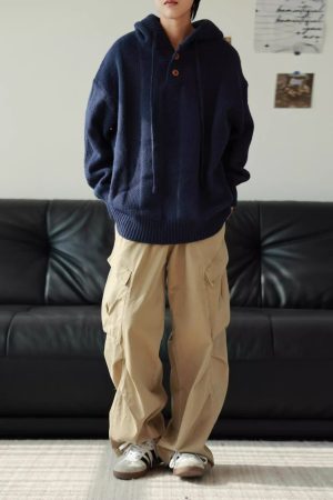Unisex Japanese-Style Retro Solid Color Hooded Sweater, Loose Casual Knit Jacket for Autumn Winter, Cozy Lazy Fashion for Couples