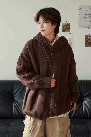 Unisex Japanese-Style Retro Solid Color Hooded Sweater, Loose Casual Knit Jacket for Autumn Winter, Cozy Lazy Fashion for Couples