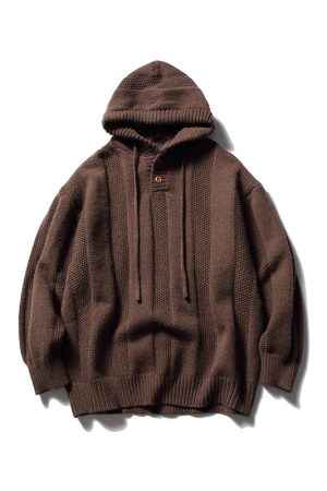 Unisex Japanese-Style Retro Solid Color Hooded Sweater, Loose Casual Knit Jacket for Autumn Winter, Cozy Lazy Fashion for Couples