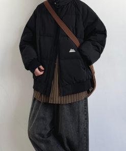 Unisex Japanese-Style Retro Stand Collar Thickened Cotton Puffer Jacket - Trendy Solid Color Winter Coat