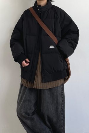 Unisex Japanese-Style Retro Stand Collar Thickened Cotton Puffer Jacket - Trendy Solid Color Winter Coat