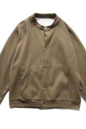 Unisex Japanese-Style Retro Waffle Jacket - Casual College Cardigan for Spring & Autumn, Loose Fit for Couples