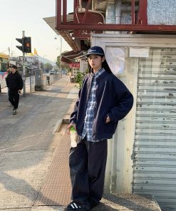 Unisex Japanese-Style Retro Waffle Jacket - Casual College Cardigan for Spring & Autumn, Loose Fit for Couples