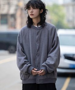 Unisex Japanese-Style Waffle Cardigan Sweatshirt, Loose Retro Collarless Layered Jacket for Spring and Autumn