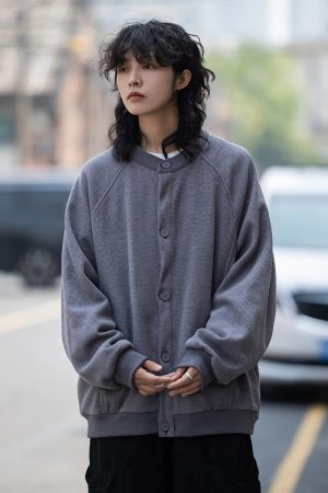 Unisex Japanese-Style Waffle Cardigan Sweatshirt, Loose Retro Collarless Layered Jacket for Spring and Autumn