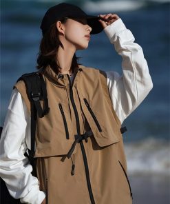 Unisex Japanese Style Zip-Up Stand Collar Vest - Motorcycle Workwear Casual Sleeveless Jacket for Spring Outdoor Adventures