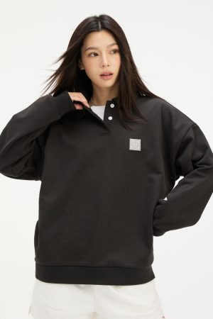Unisex Long Sleeve Polo Collar Sweatshirt in Sweet Style with Recognizable Smile Design - Casual Fashion for Spring and Autumn