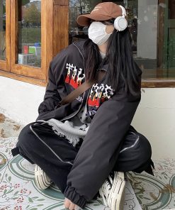 Unisex Loose Cotton Jacket with Embroidered Letters - Trendy High Street Takeoff Curry People Design