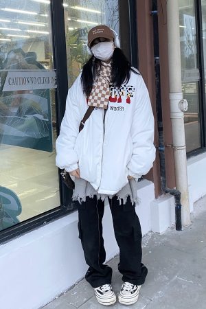 Unisex Loose Cotton Jacket with Embroidered Letters - Trendy High Street Takeoff Curry People Design