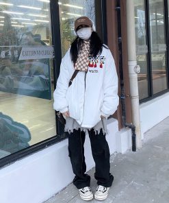 Unisex Loose Cotton Jacket with Embroidered Letters - Trendy High Street Takeoff Curry People Design