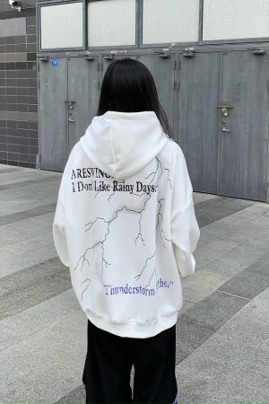Unisex Loose Fit Lightning Print Hoodie - Trendy American High Street Sweatshirt for Couples, Unique Design, Urban Style
