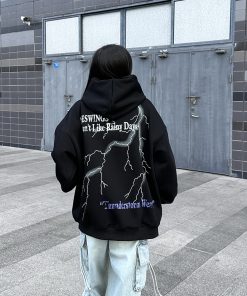 Unisex Loose Fit Lightning Print Hoodie - Trendy American High Street Sweatshirt for Couples, Unique Design, Urban Style