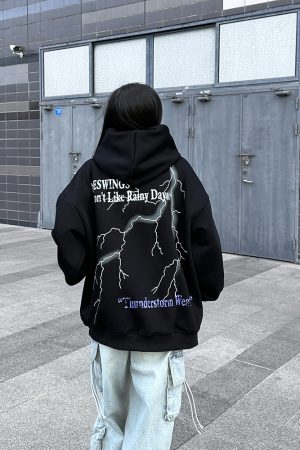 Unisex Loose Fit Lightning Print Hoodie - Trendy American High Street Sweatshirt for Couples, Unique Design, Urban Style