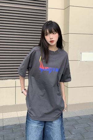 Unisex Loose Fit Metal Flame Letter Print Short Sleeve T-Shirt, American Style, Couple Design, High Street Fashion